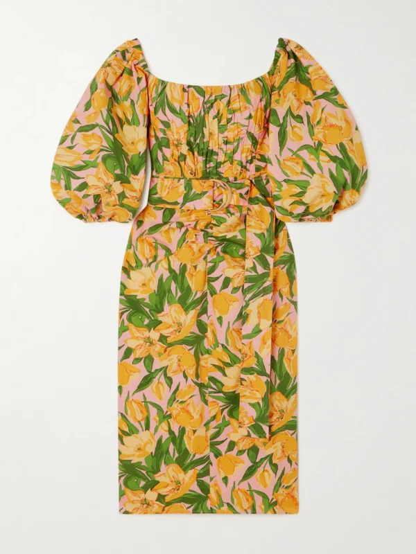 Carolina Herrera Off-the-shoulder Ruched Belted Floral-print Stretch-cotton Midi Dress