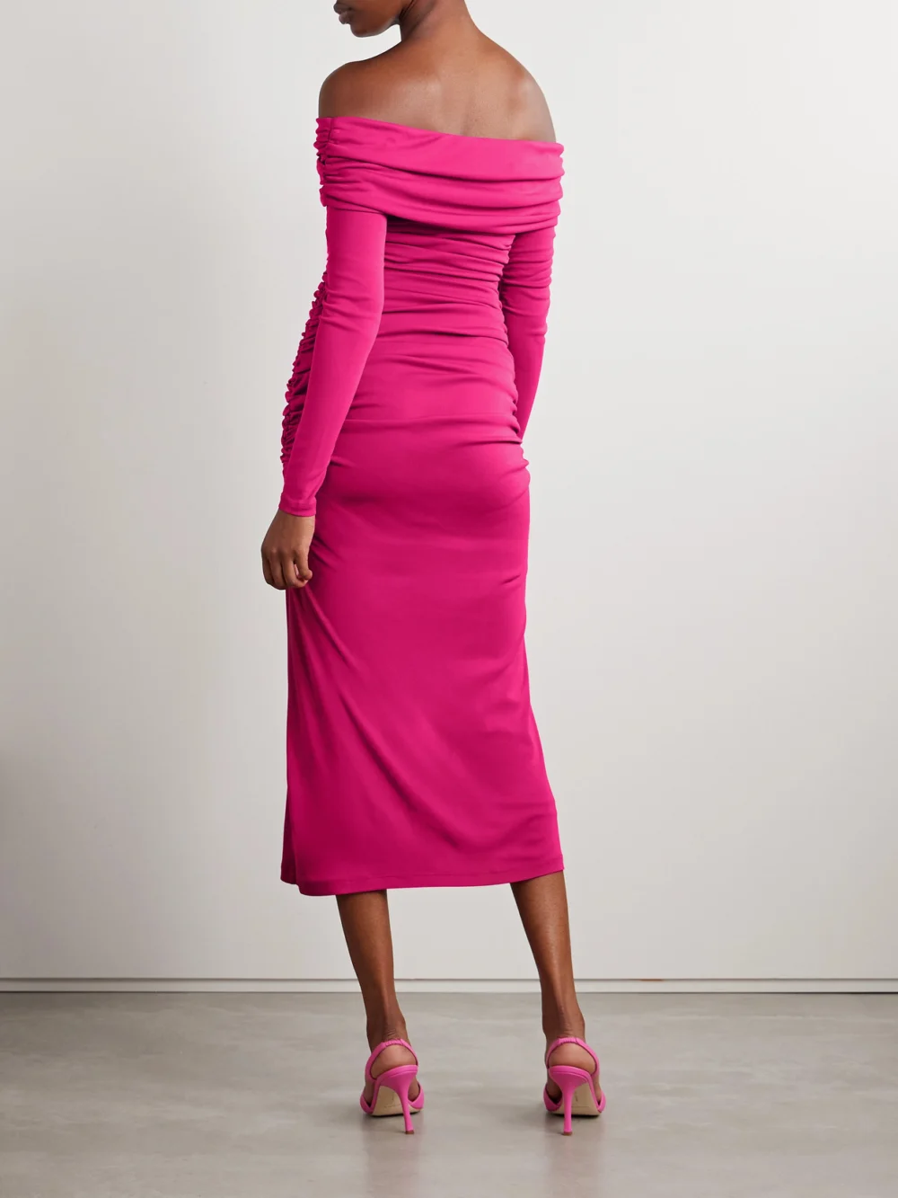 Back view of the Carolina Herrera Off-the-shoulder Ruched Stretch-jersey Midi Dress