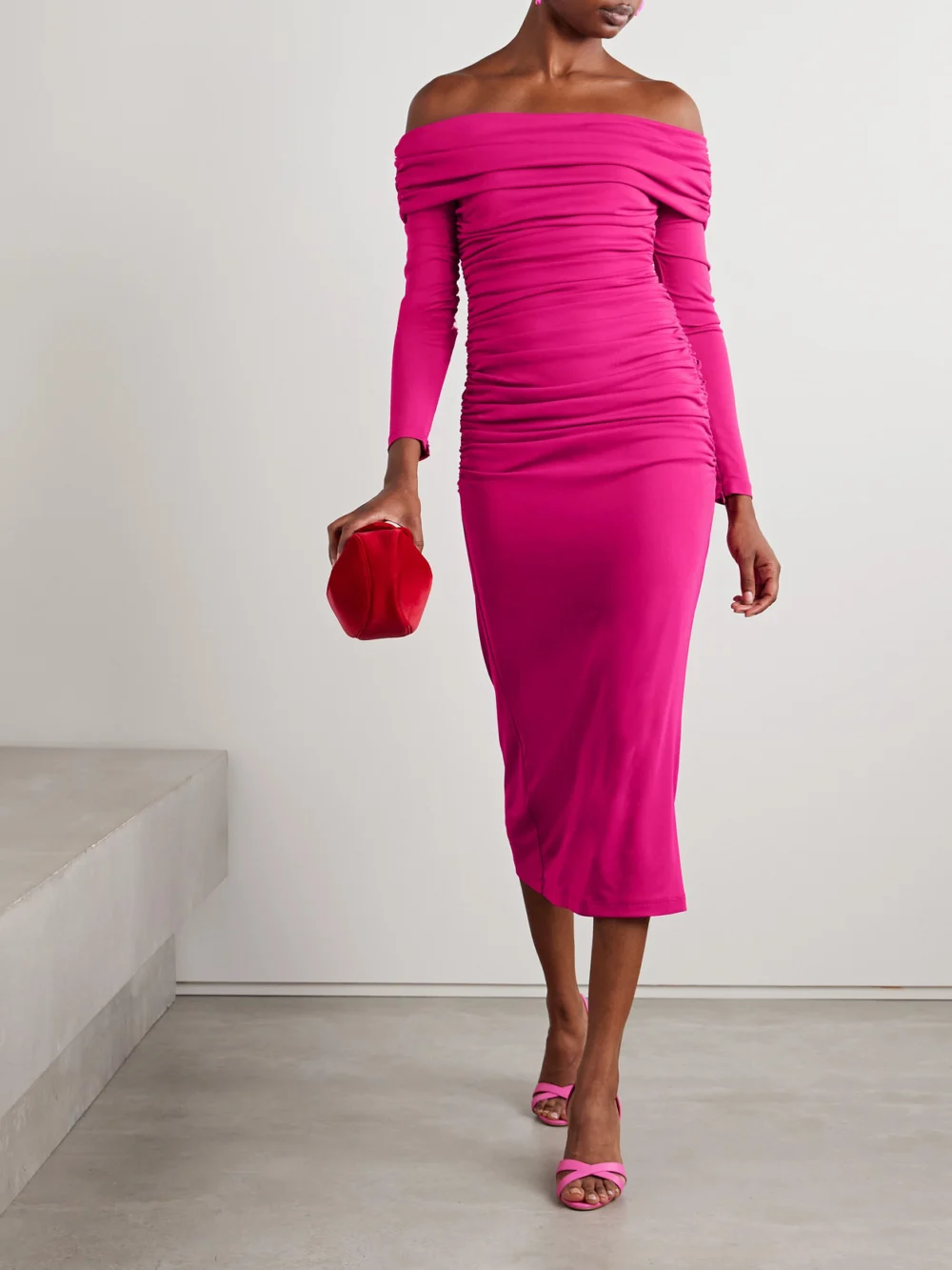Carolina Herrera Off-the-shoulder Ruched Stretch-jersey Midi Dress, worn by a model
