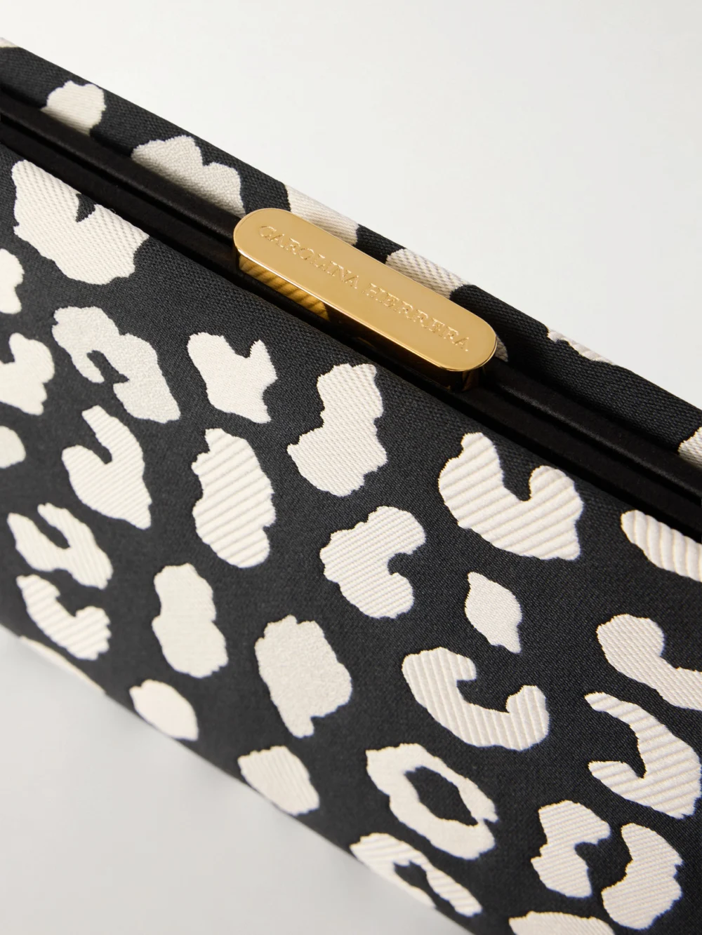 Close-up detail of the Carolina Herrera Pats Leopard-patterned Jacquard Clutch