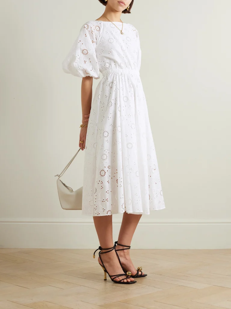 Carolina Herrera Pleated Broderie Anglaise Cotton Midi Dress