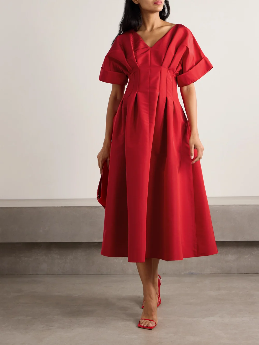 Carolina Herrera Pleated Silk-faille Midi Dress, worn by a model