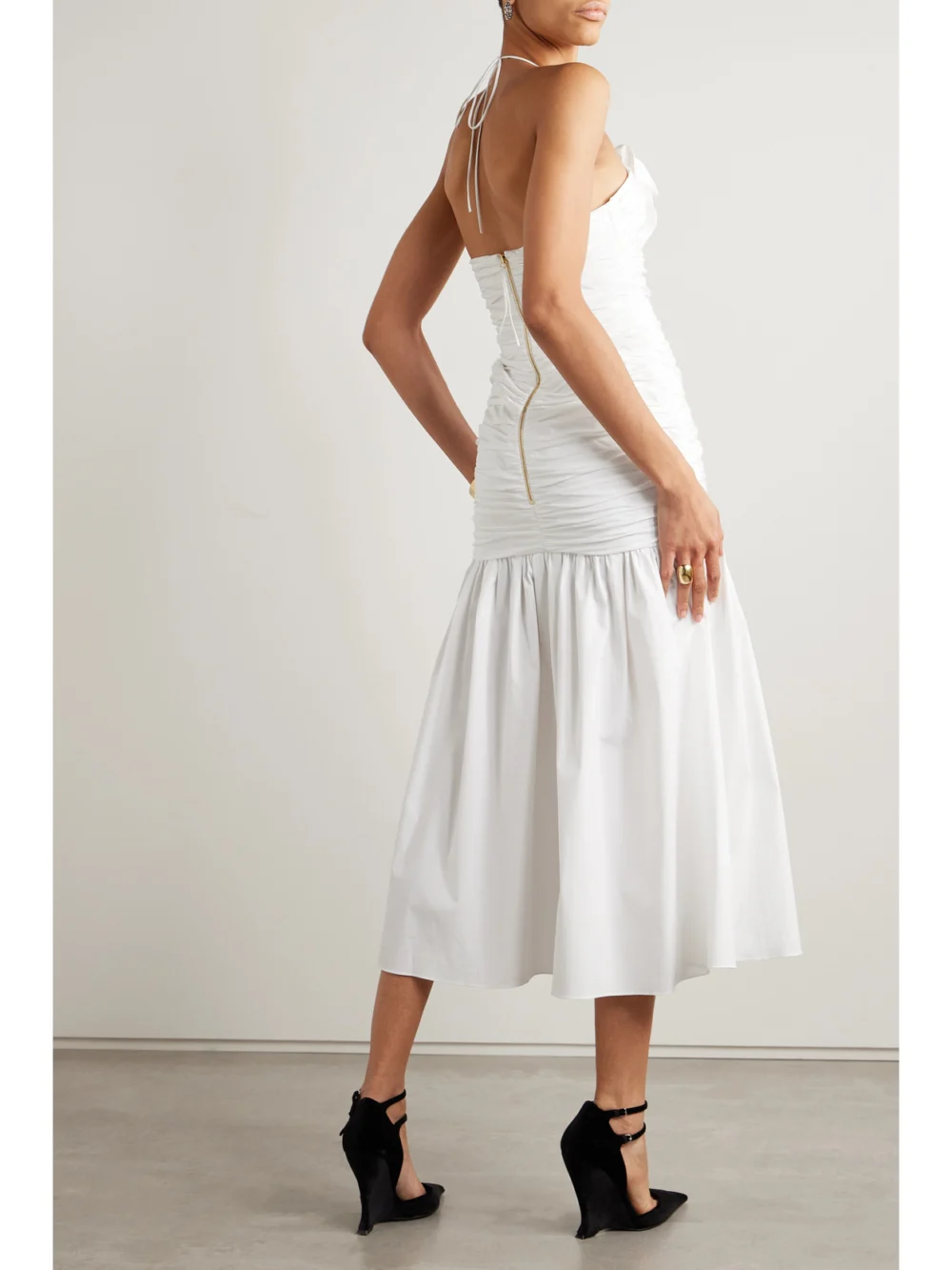 Back view of the Carolina Herrera Ruched Appliquéd Cotton-blend Poplin Midi Dress