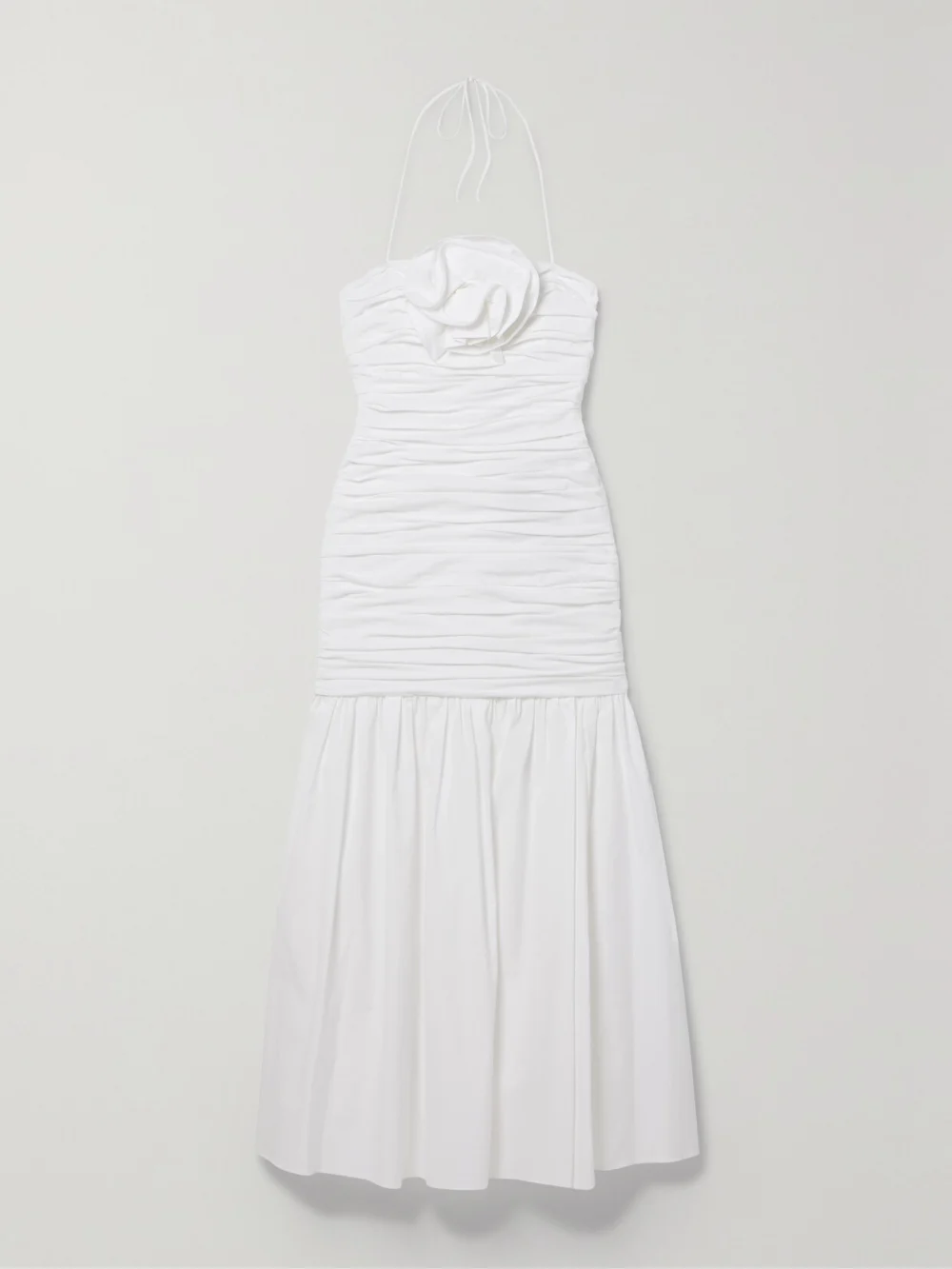 Carolina Herrera Ruched Appliquéd Cotton-blend Poplin Midi Dress in white