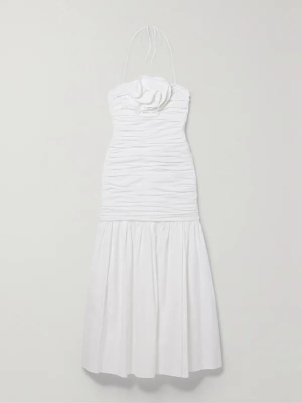 Carolina Herrera Ruched Appliquéd Cotton-blend Poplin Midi Dress