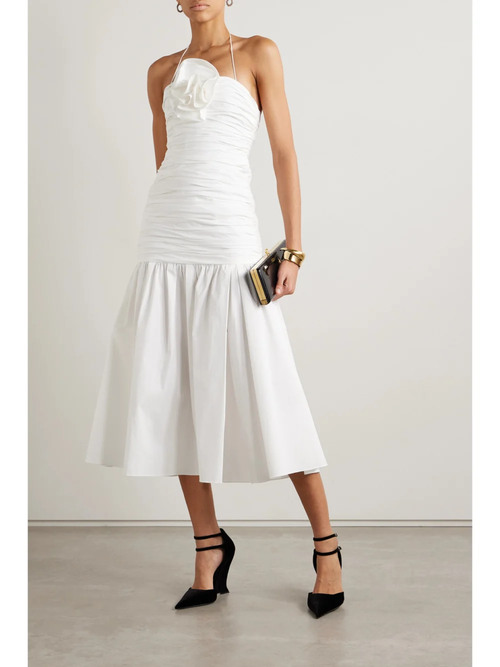 Carolina Herrera Ruched Appliquéd Cotton-blend Poplin Midi Dress, worn by a model