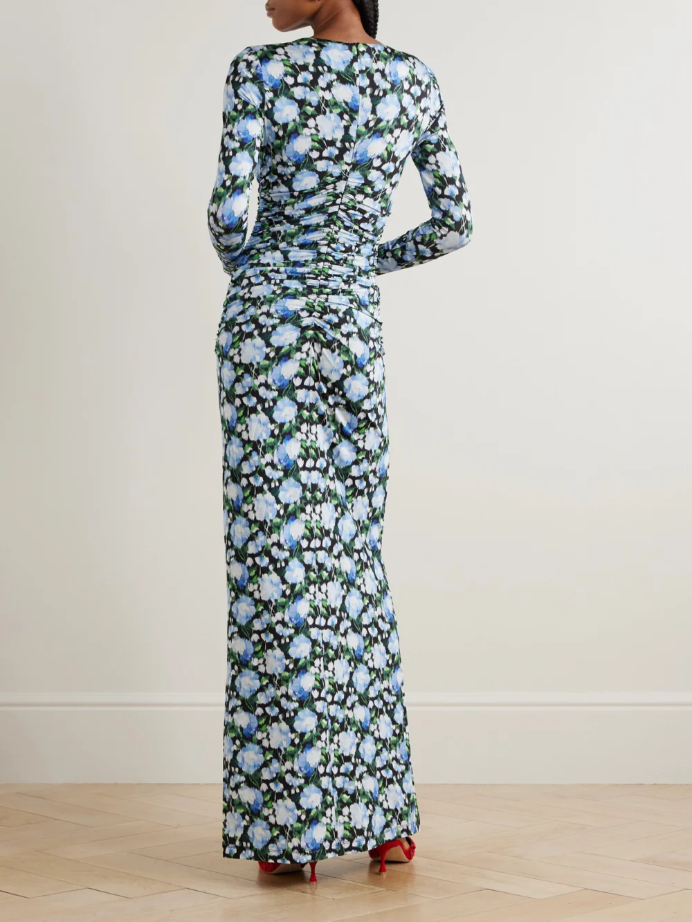 Back view of the Carolina Herrera Ruched Floral-print Stretch-jersey Maxi Dress