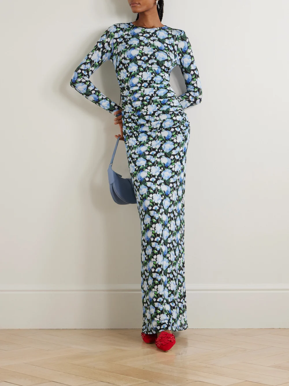 Carolina Herrera Ruched Floral-print Stretch-jersey Maxi Dress, worn by a model