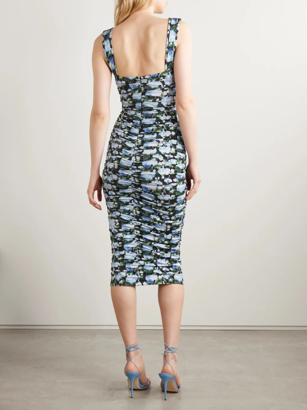 Back view of the Carolina Herrera Ruched Floral-print Stretch-jersey Midi Dress