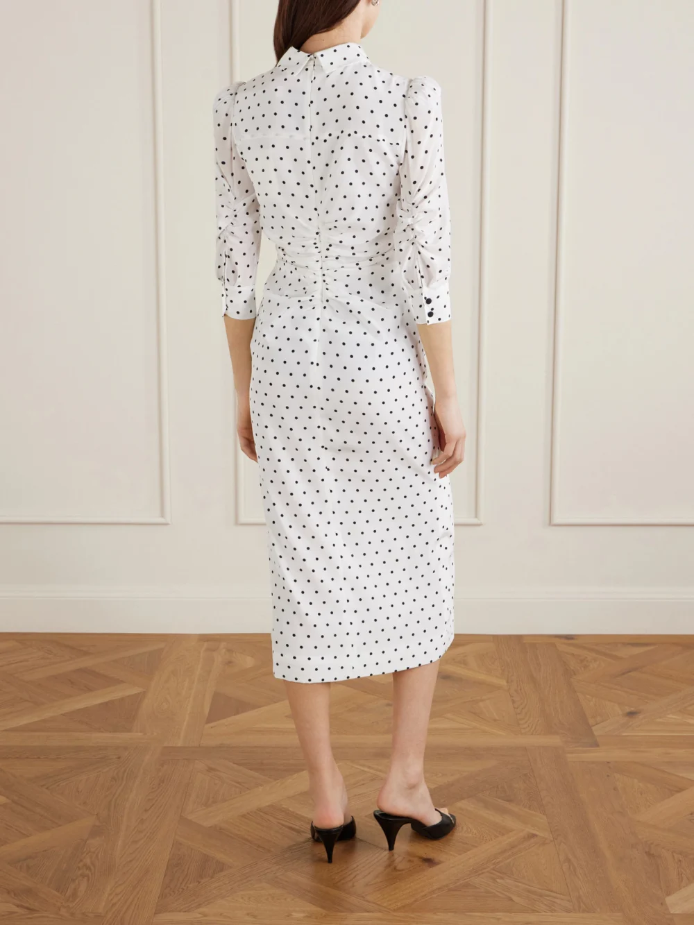 Back view of the Carolina Herrera Ruched Polka-dot Silk Crepe De Chine Midi Dress