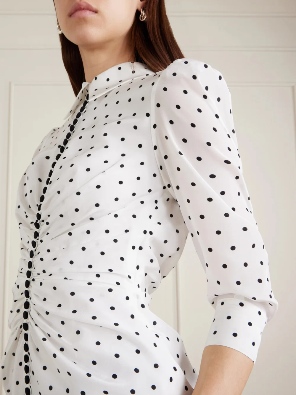 Close-up detail of the Carolina Herrera Ruched Polka-dot Silk Crepe De Chine Midi Dress