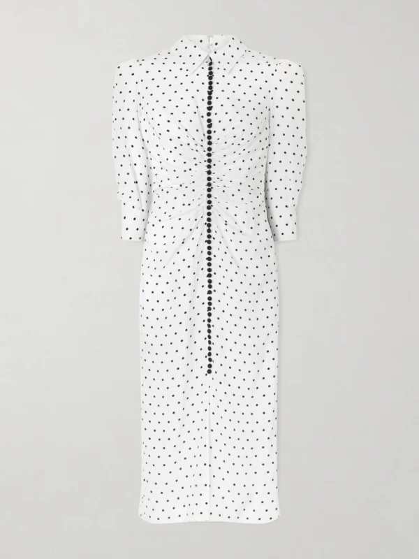 Carolina Herrera Ruched Polka-dot Silk Crepe De Chine Midi Dress
