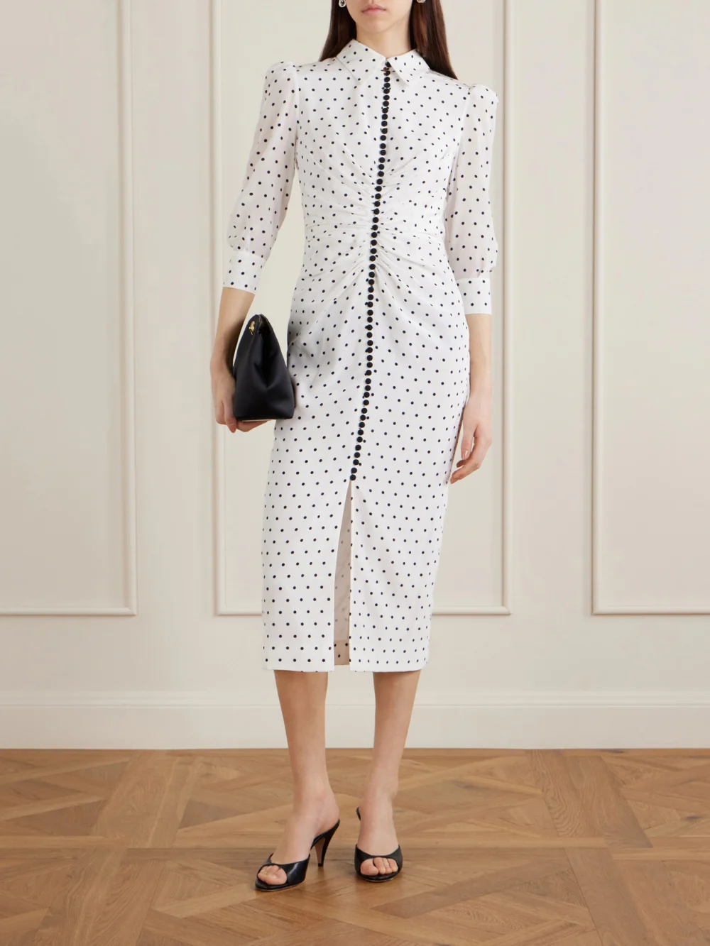 Carolina Herrera Ruched Polka-dot Silk Crepe De Chine Midi Dress, worn by a model