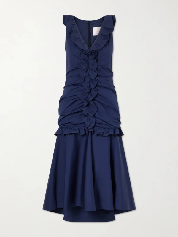 Carolina Herrera Ruched Ruffled Cotton-blend Midi Dress