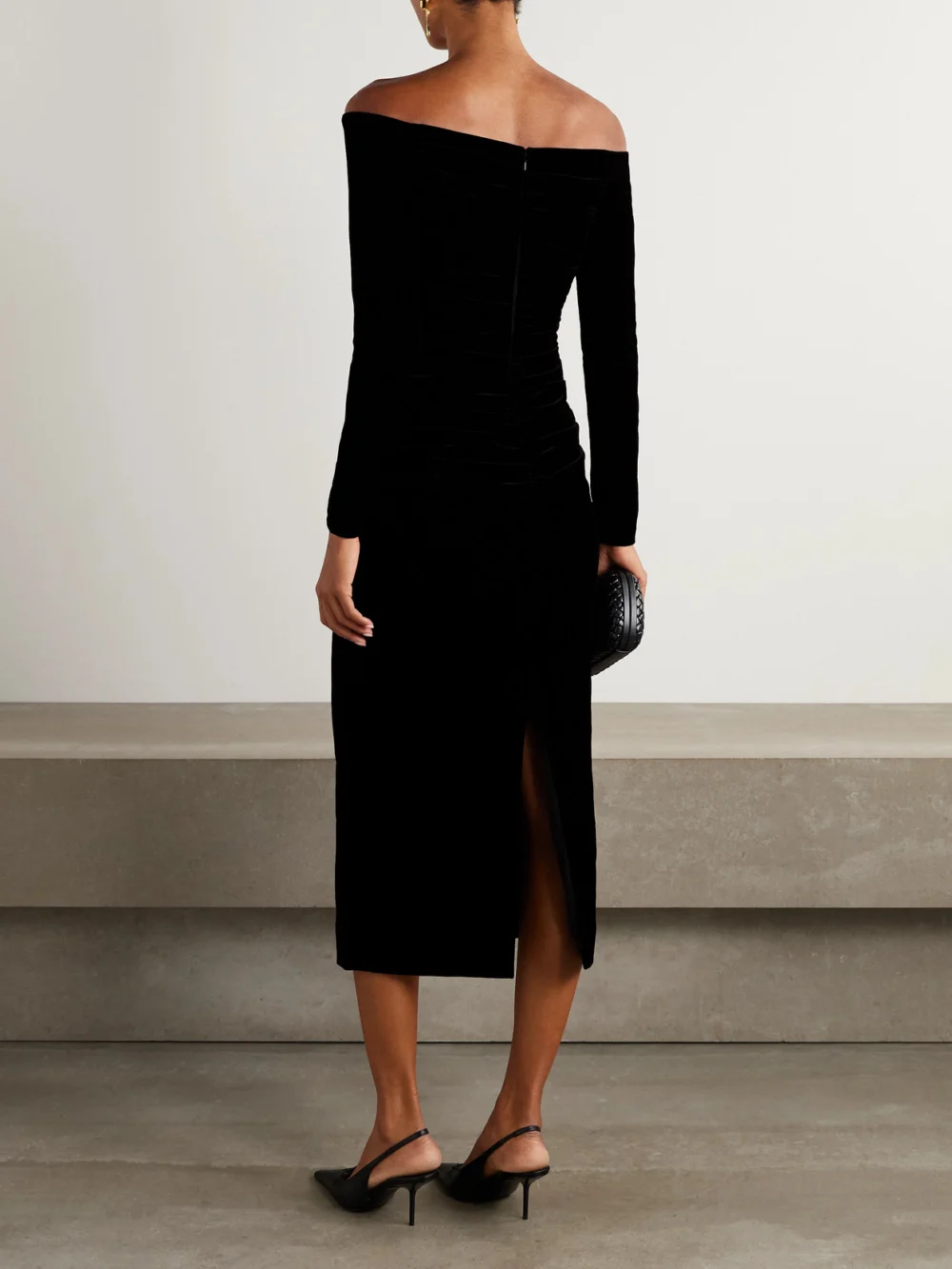 Back view of the Carolina Herrera Ruched Velvet Midi Dress