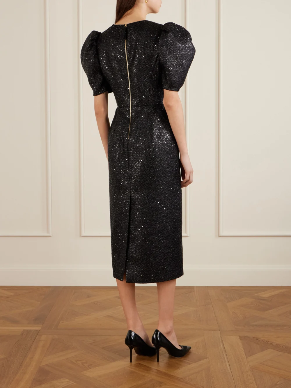 Back view of the Carolina Herrera Sequin-embellished Metallic Tweed Midi Dress