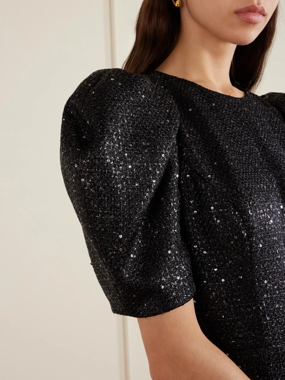 Close-up detail of the Carolina Herrera Sequin-embellished Metallic Tweed Midi Dress