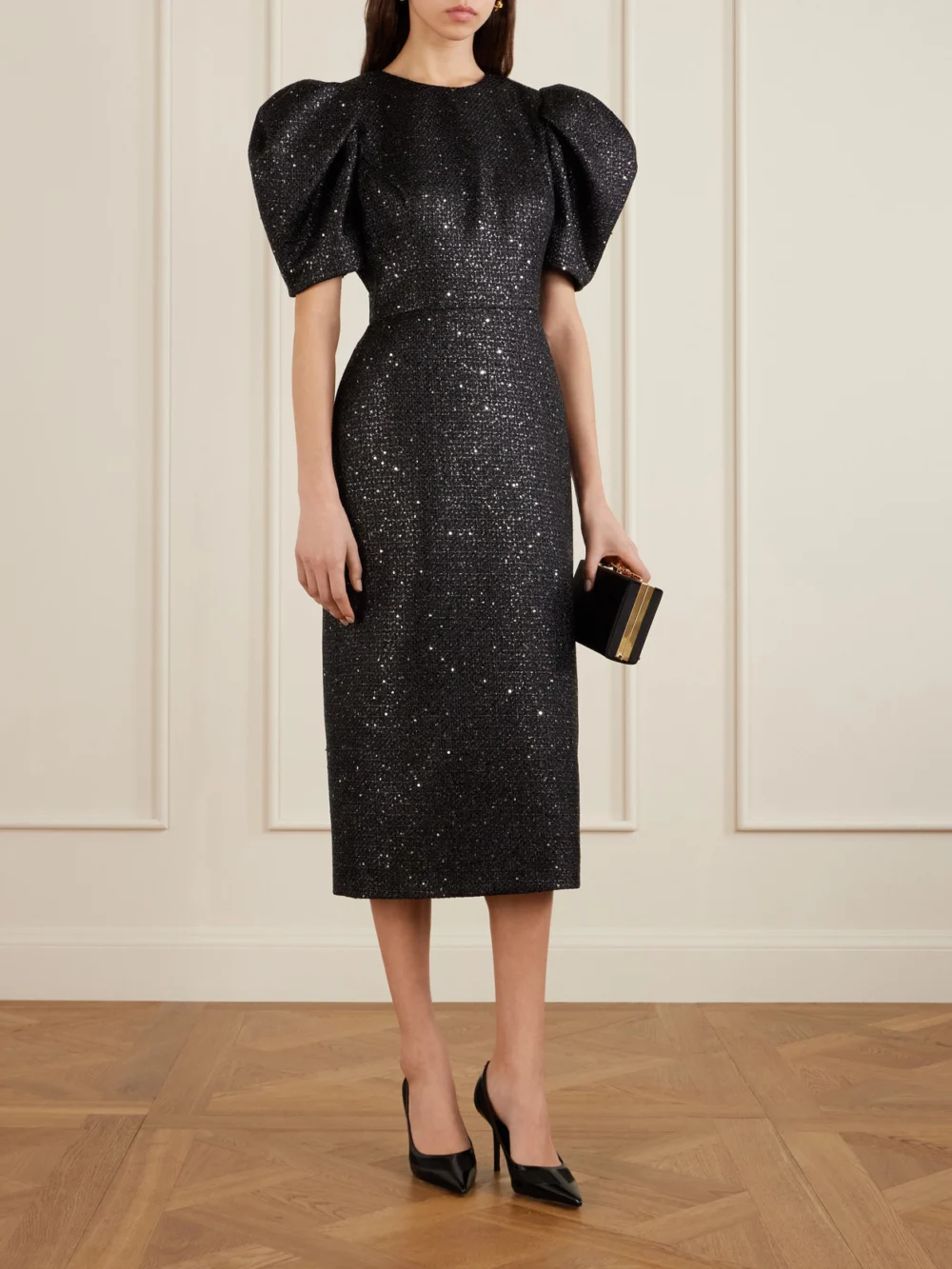 Carolina Herrera Sequin-embellished Metallic Tweed Midi Dress, worn by a model