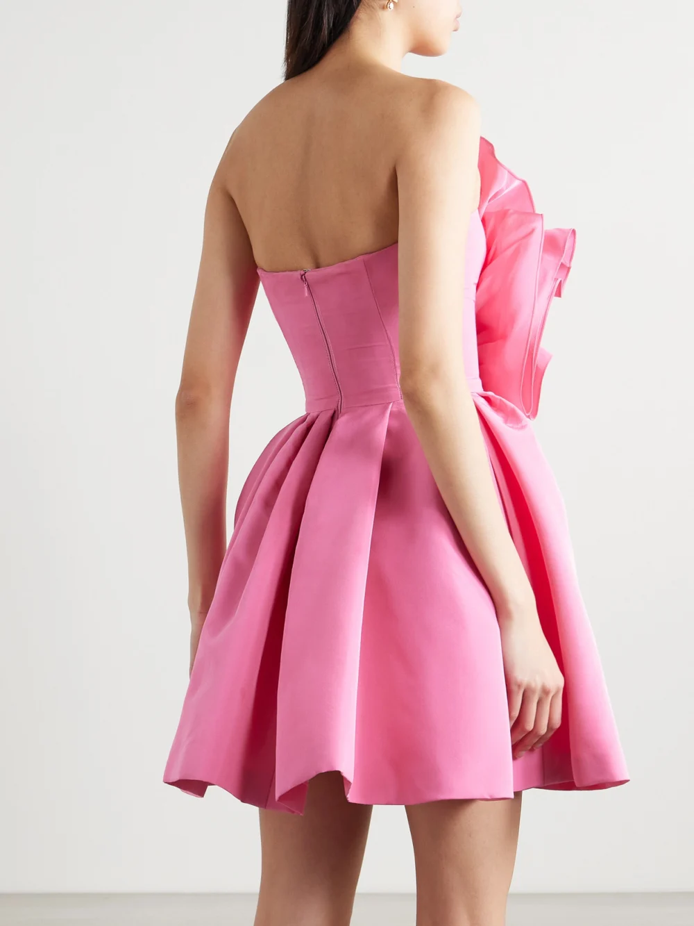 Back view of the Carolina Herrera Strapless Appliquéd Silk-faille Mini Dress
