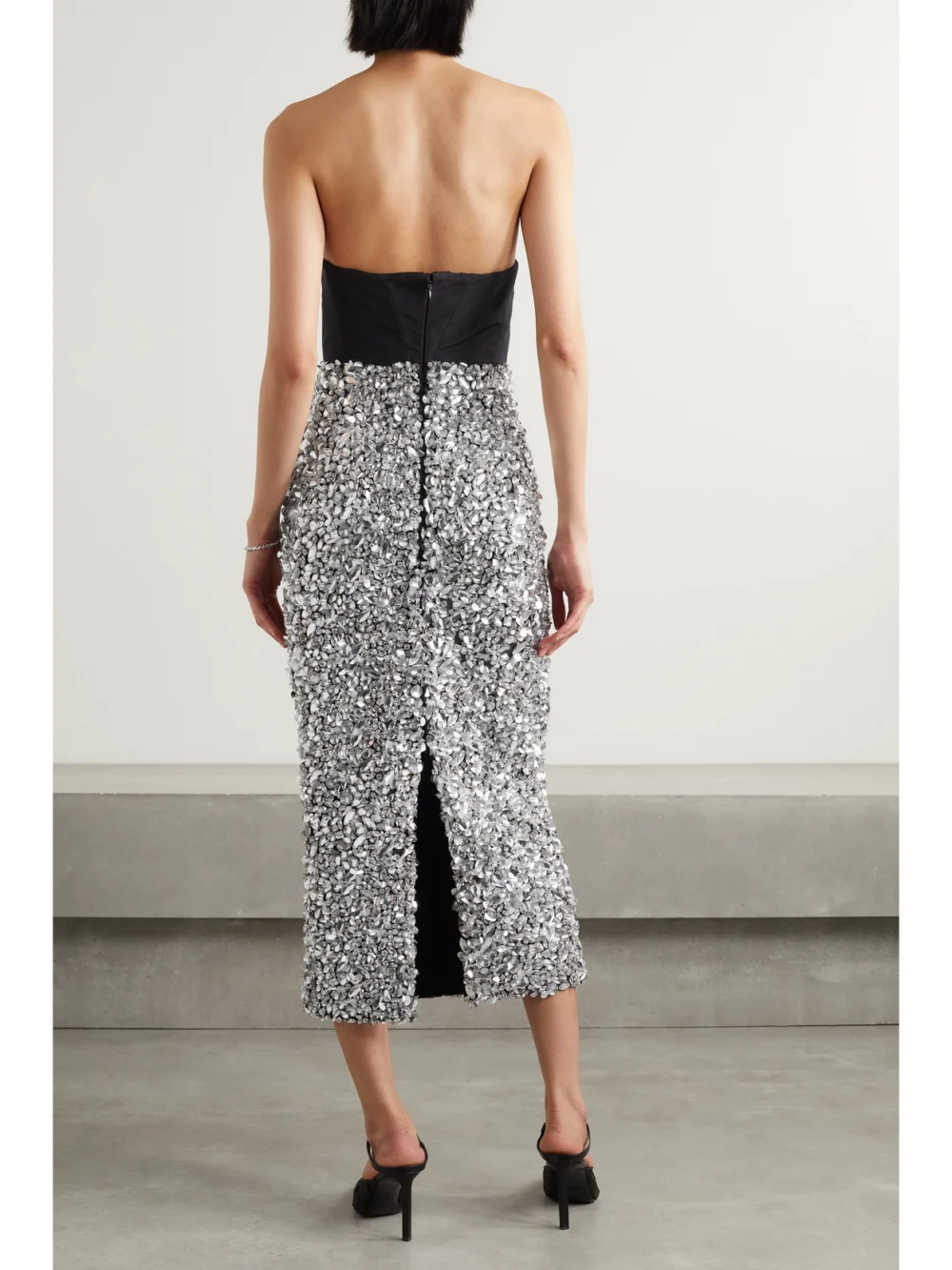 Back view of the Carolina Herrera Strapless Embellished Faille Midi Dress