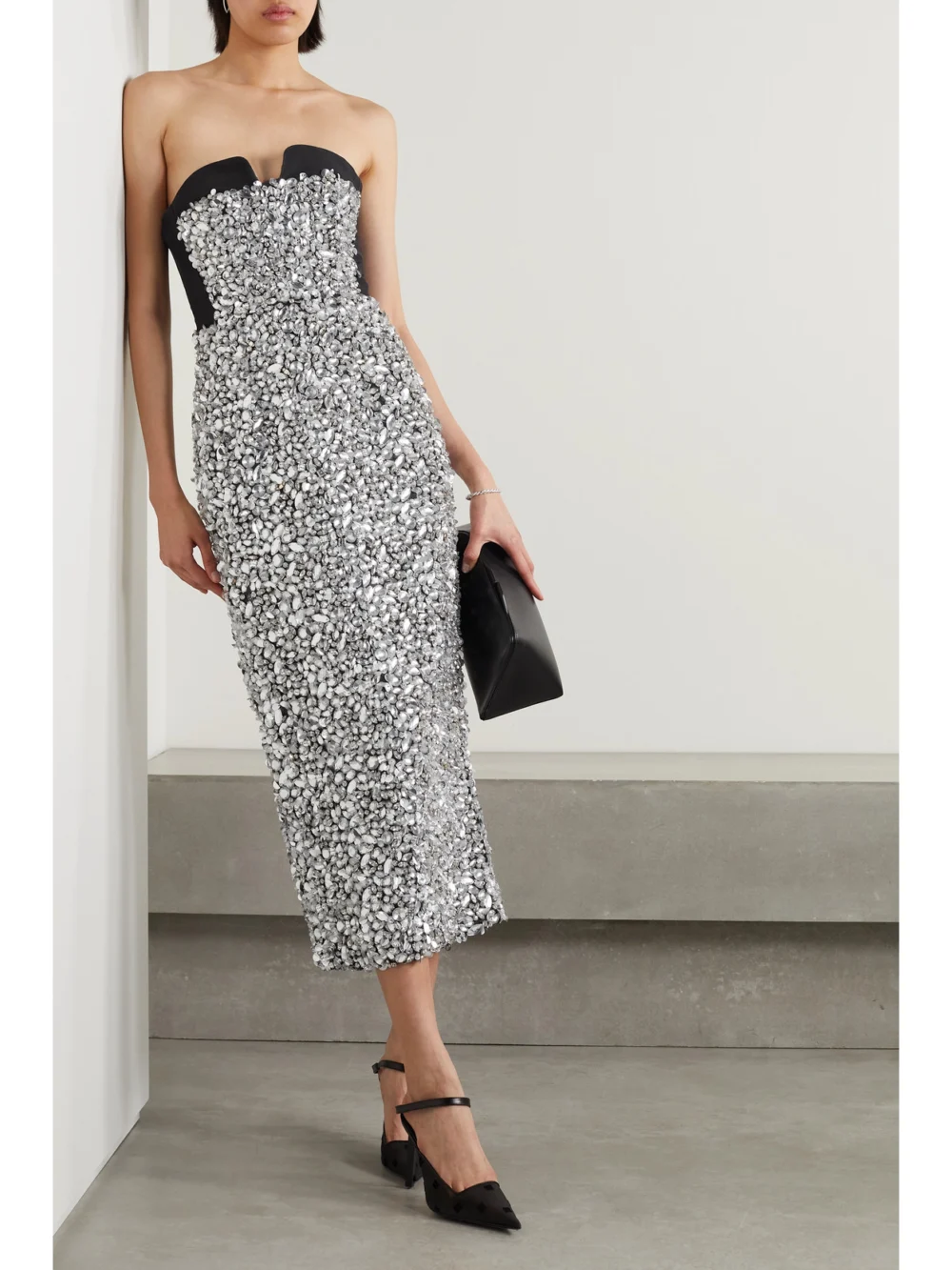 Carolina Herrera Strapless Embellished Faille Midi Dress, worn by a model