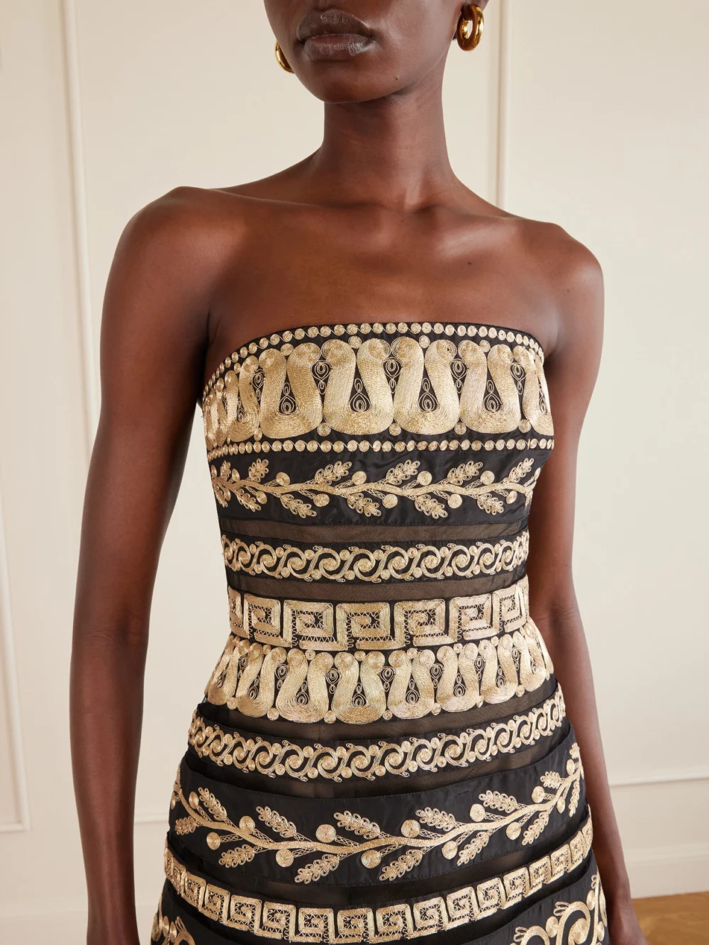 Close-up detail of the Carolina Herrera Strapless Embroidered Silk-satin and Organza Mini Dress