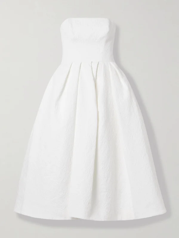 Carolina Herrera Strapless Pleated Cotton-blend Cloqué Midi Dress