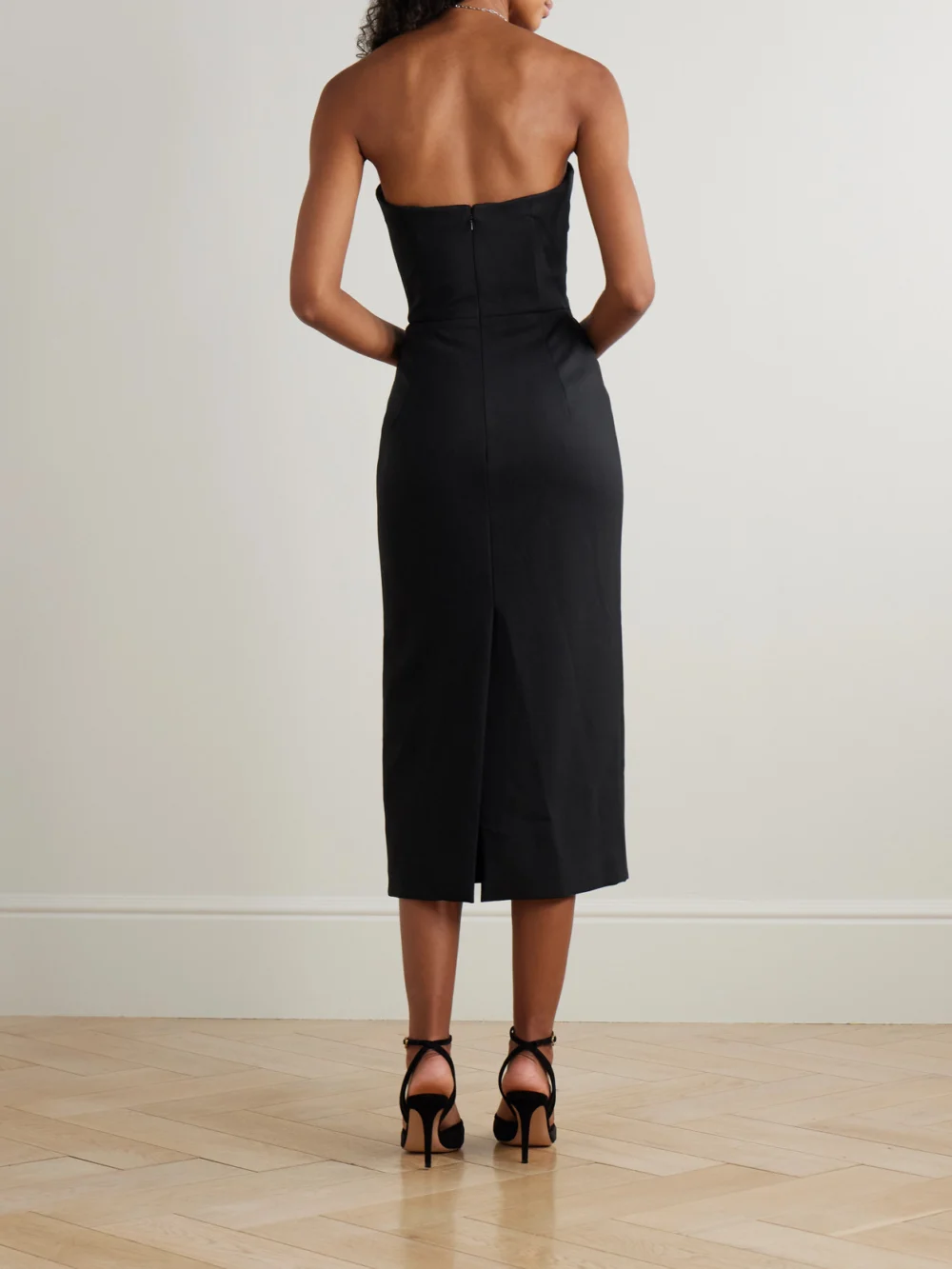 Back view of the Carolina Herrera Strapless Ruched Wool-blend Midi Dress