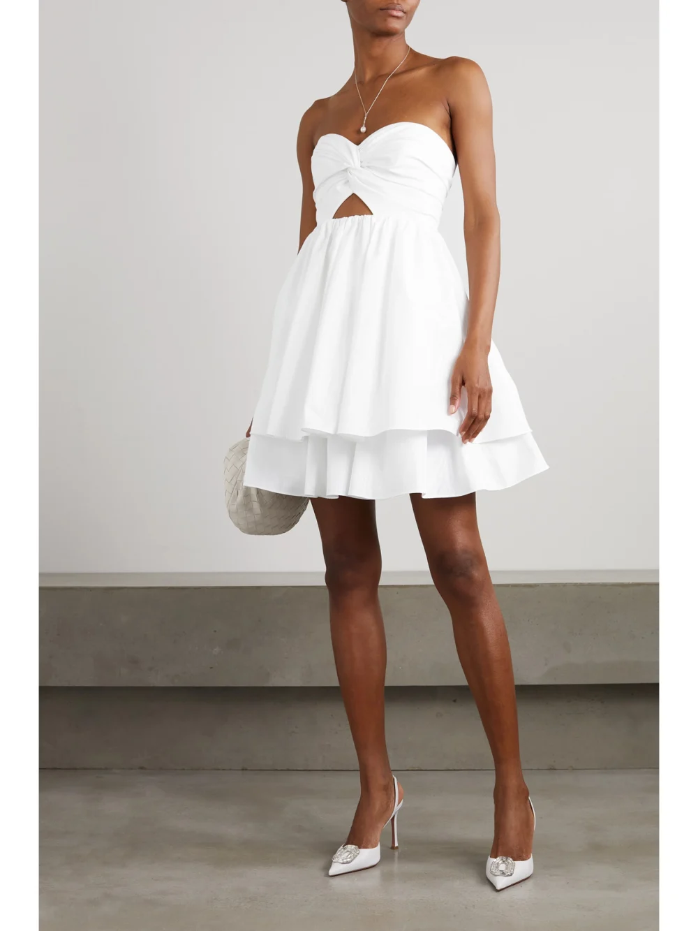 Carolina Herrera Strapless Tiered Ruffled Cutout Moire-taffeta Mini Dress, worn by a model
