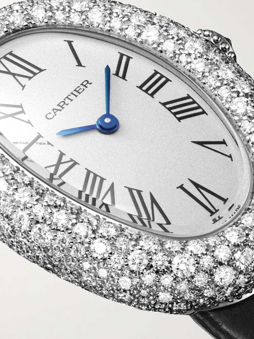 Close-up detail of the Cartier Baignoire 36mm Medium 18-karat White Gold, Alligator and Diamond Watch