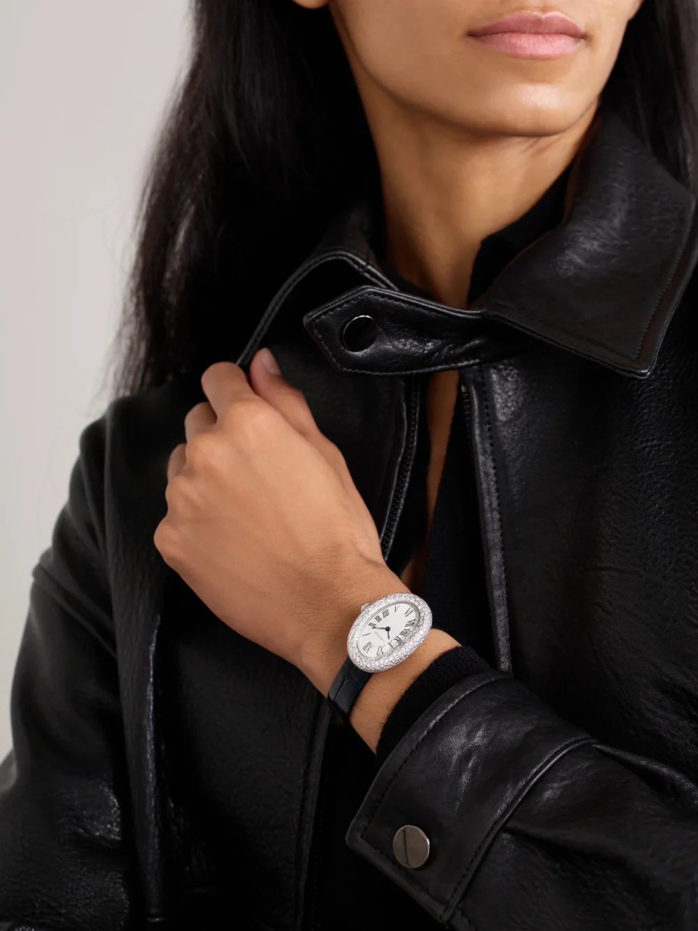 Cartier Baignoire 36mm Medium 18-karat White Gold, Alligator and Diamond Watch, styled view