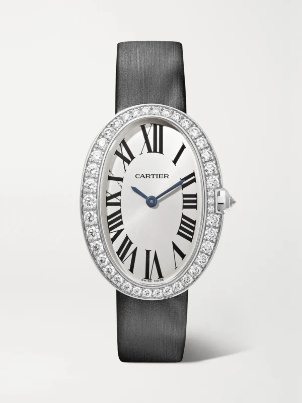 Cartier Baignoire Small 18-karat White Gold, Toile Brossée and Diamond Watch
