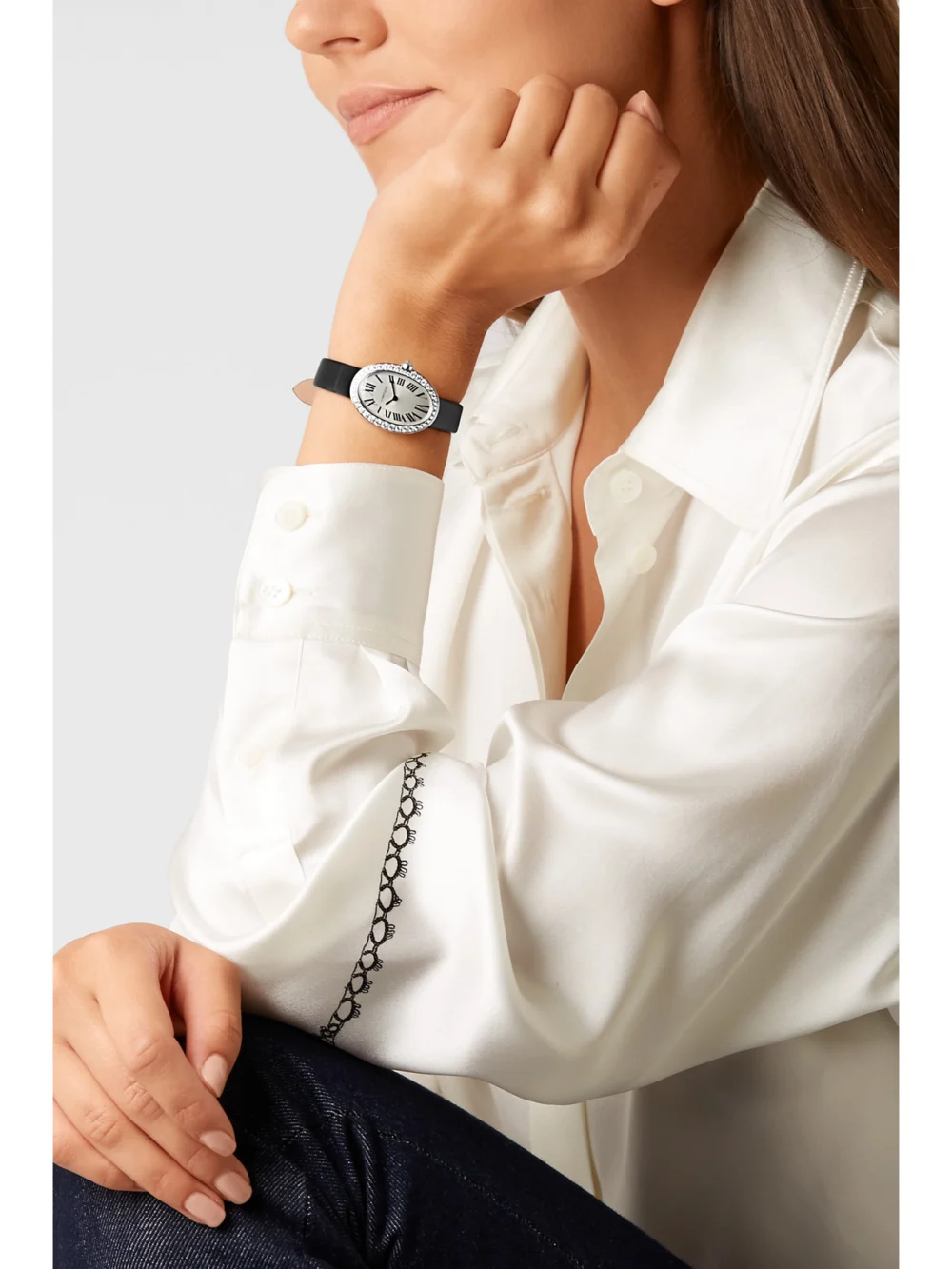 Cartier Baignoire Small 18-karat White Gold, Toile Brossée and Diamond Watch, styled view