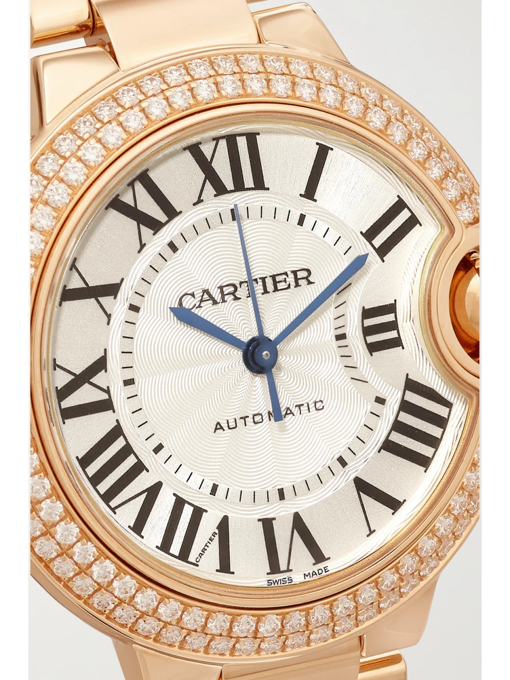 Close-up detail of the Cartier Ballon Bleu De Cartier 18-karat Pink Gold Diamond Watch
