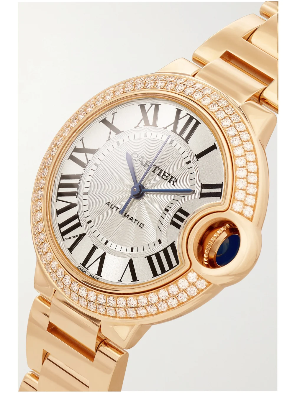 Side view of the Cartier Ballon Bleu De Cartier 18-karat Pink Gold Diamond Watch