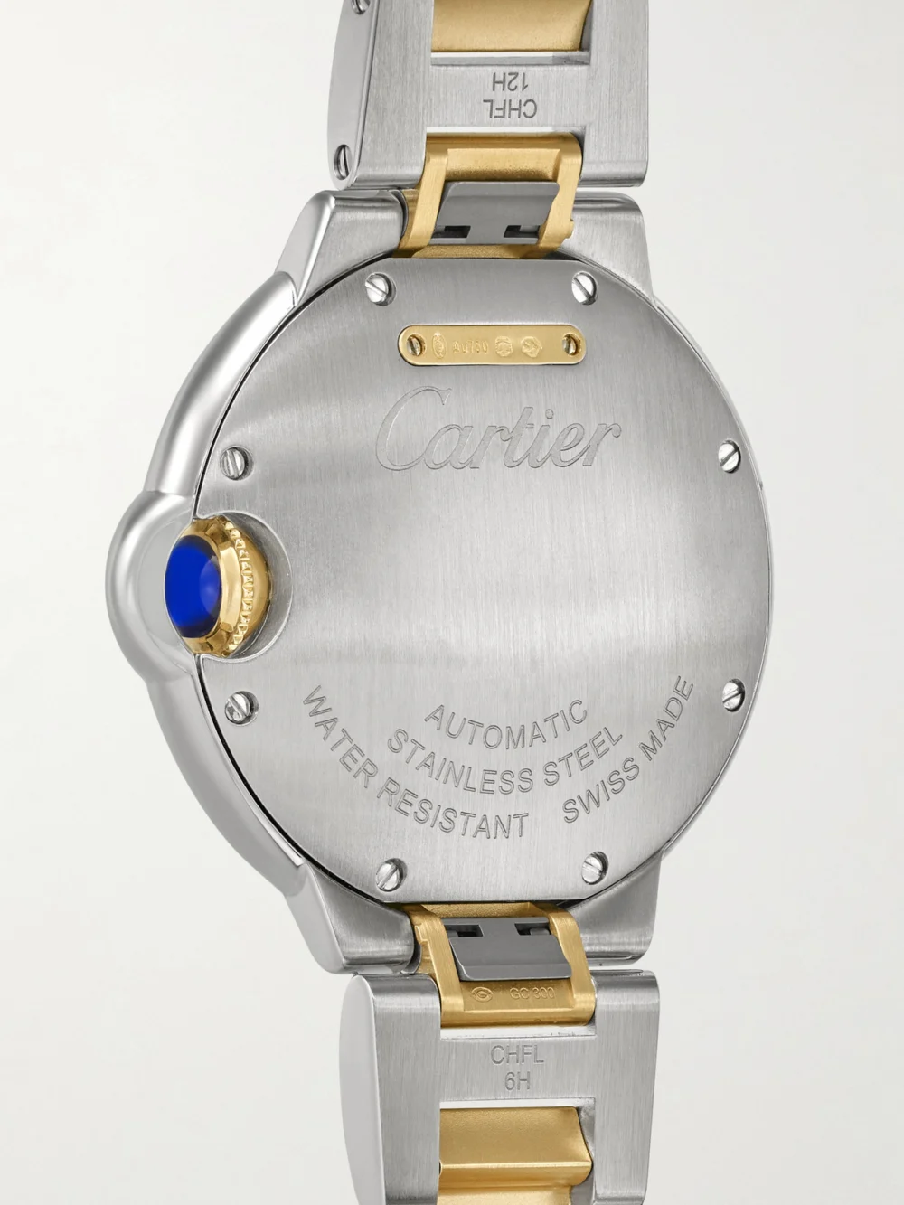 Back view of the Cartier Ballon Bleu De Cartier Automatic 18-karat Gold and Stainless Steel Watch, Ref. Crw2bb0037