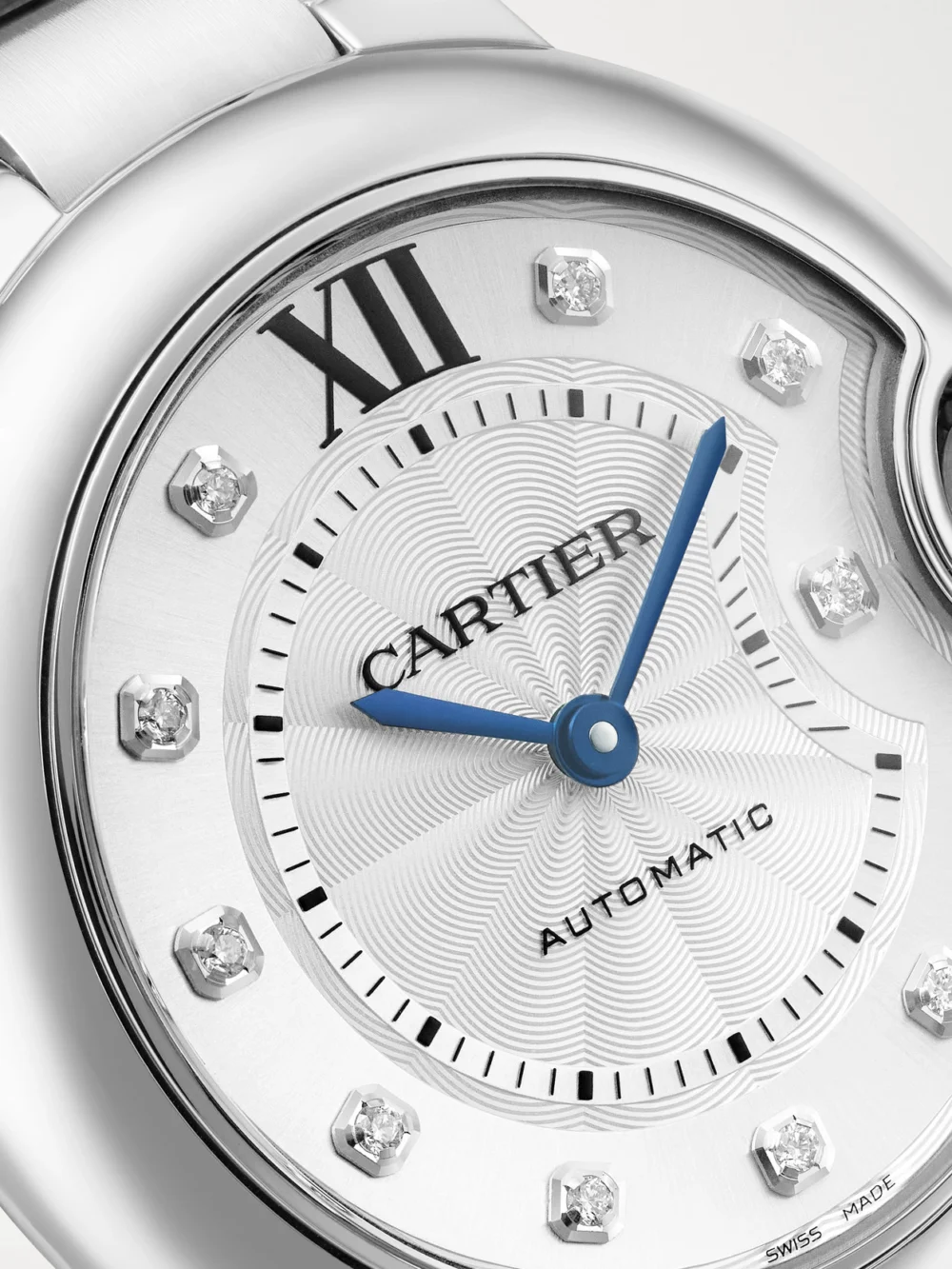 Close-up detail of the Cartier Ballon Bleu De Cartier Automatic Stainless Steel Diamond Watch