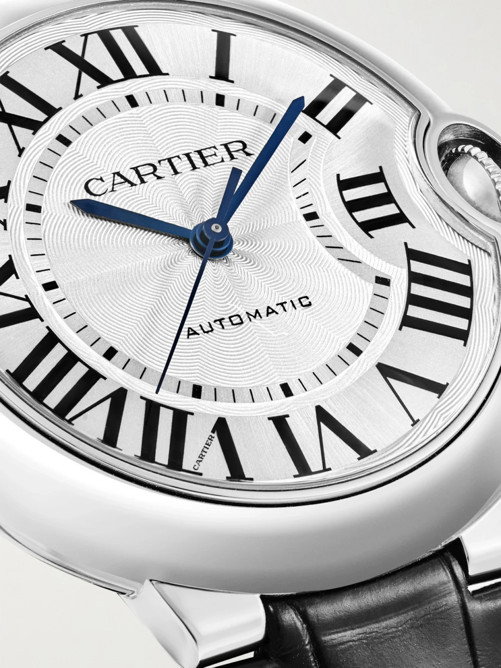 Close-up detail of the Cartier Ballon Bleu De Cartier Automatic Stainless Steel Watch