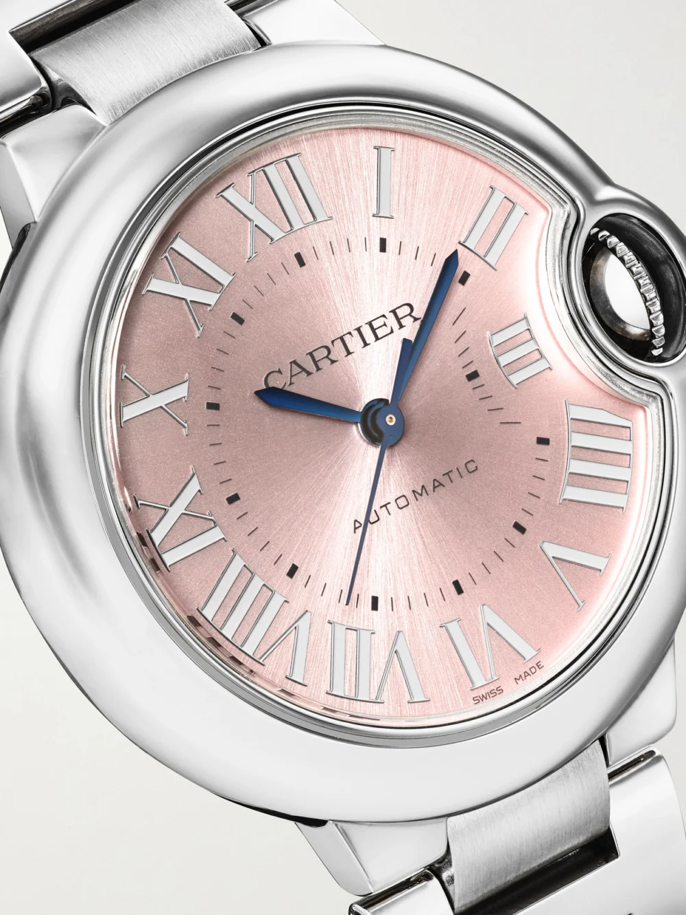 Close-up detail of the Cartier Ballon Bleu De Cartier Automatic Stainless Steel Watch