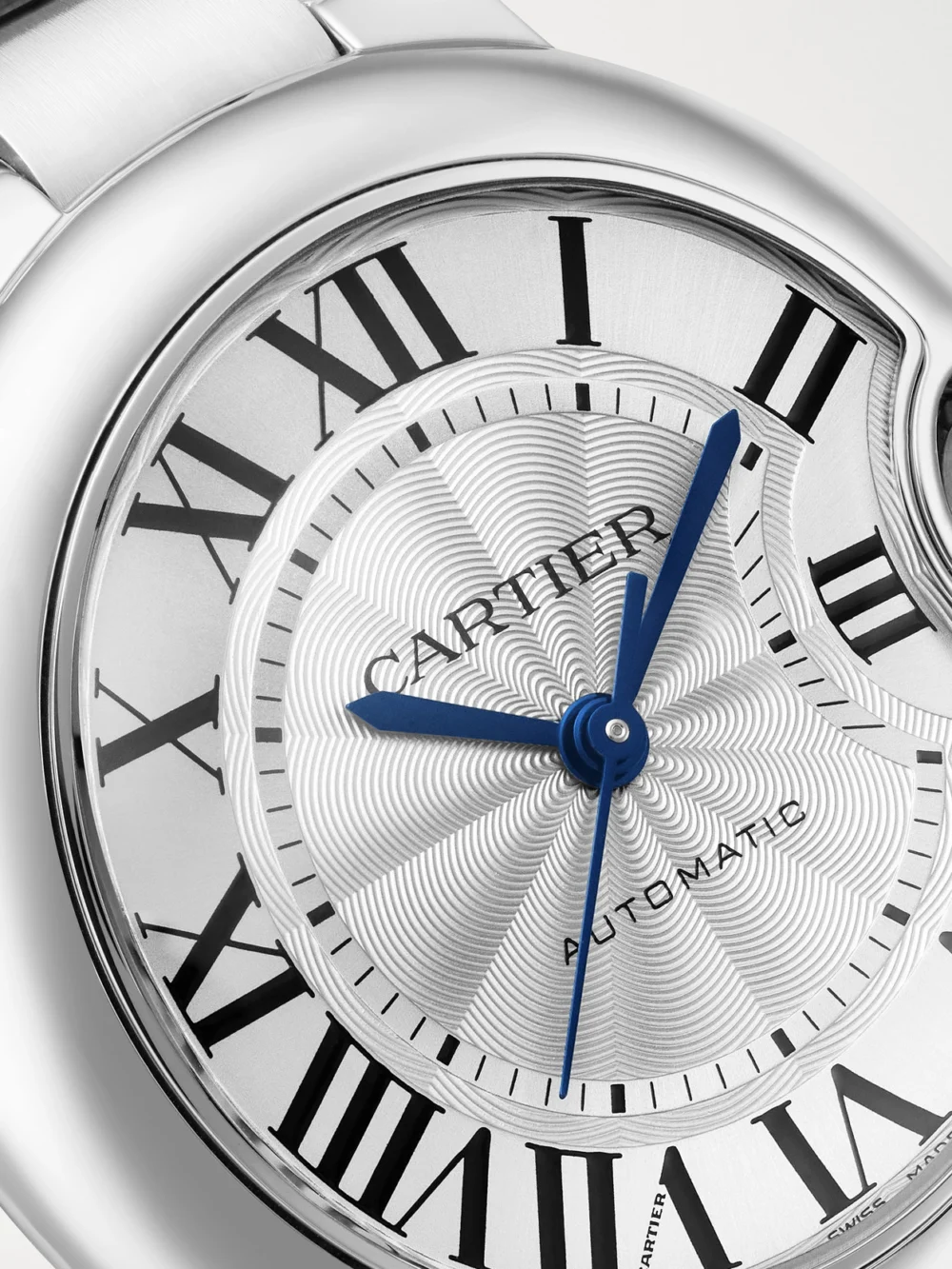 Close-up detail of the Cartier Ballon Bleu De Cartier Automatic Stainless Steel Watch