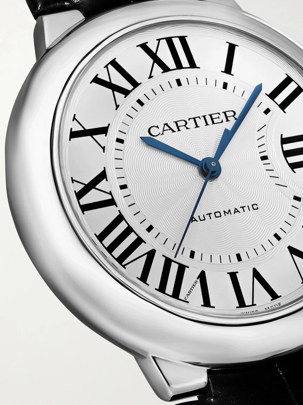 Close-up detail of the Cartier Ballon Bleu De Cartier Stainless Steel Watch