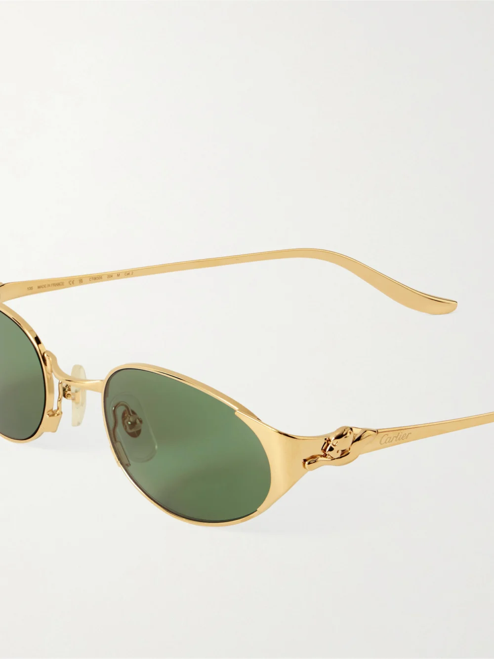 Close-up detail of the Cartier Eyewear Panthère De Cartier Oval-frame Gold-tone Sunglasses