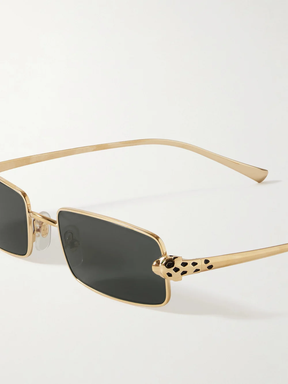 Close-up detail of the Cartier Eyewear Panthère Rectangle-frame Crystal-embellished Gold-tone Sunglasses