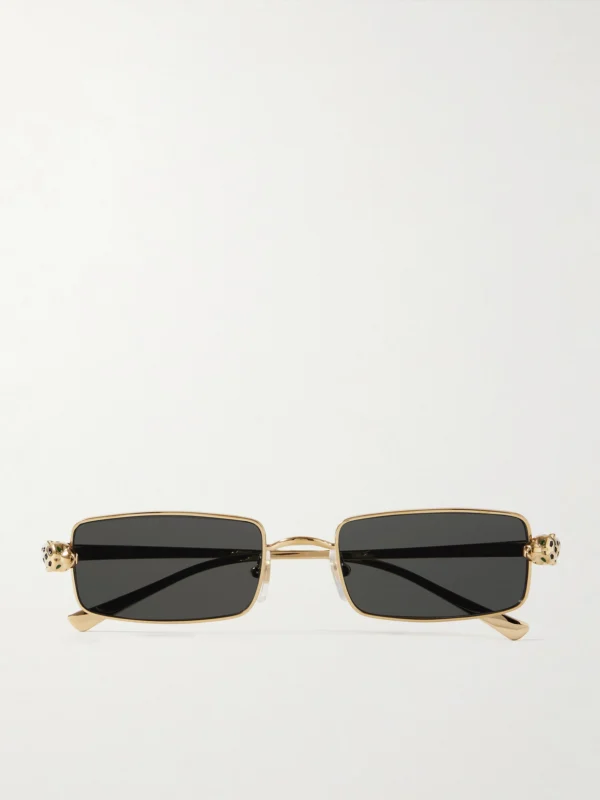 Cartier Eyewear Panthère Rectangle-frame Crystal-embellished Gold-tone Sunglasses