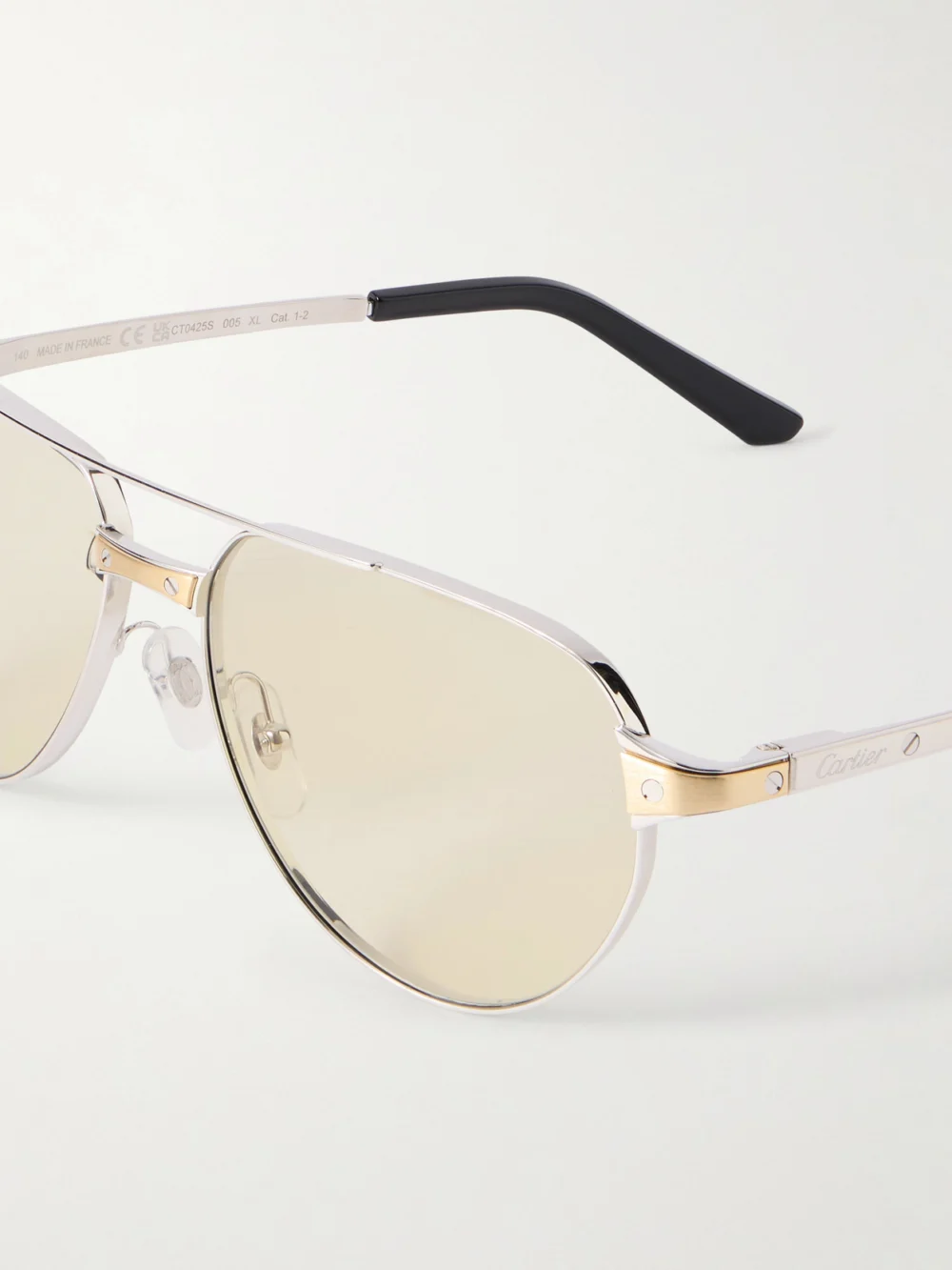 Close-up detail of the Cartier Eyewear Santos De Cartier Aviator-style Gold- and Silver-tone Sunglasses