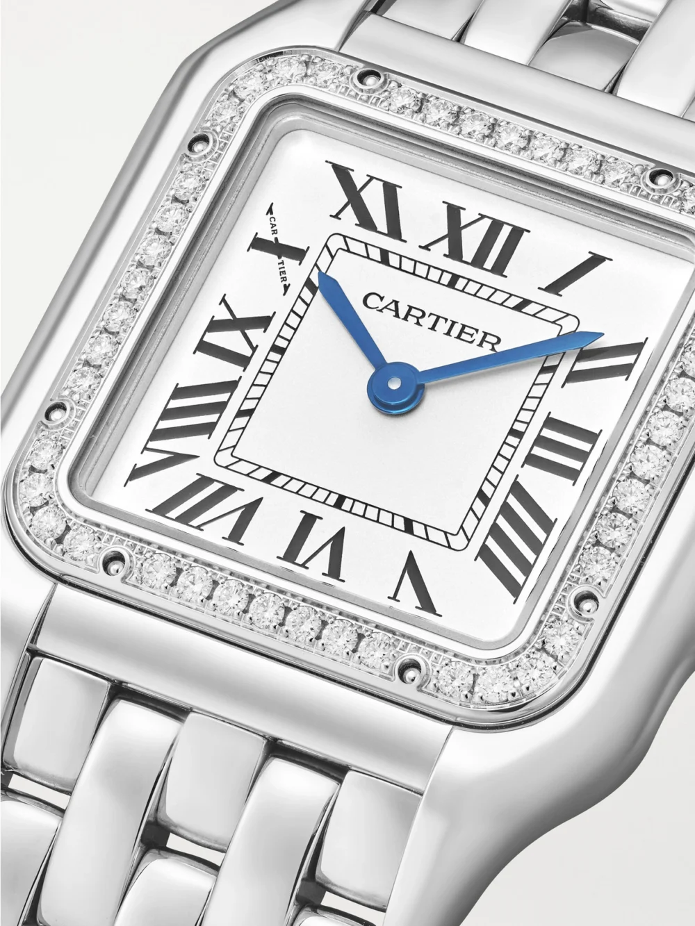 Close-up detail of the Cartier Panthère De Cartier Medium Stainless Steel Diamond Watch