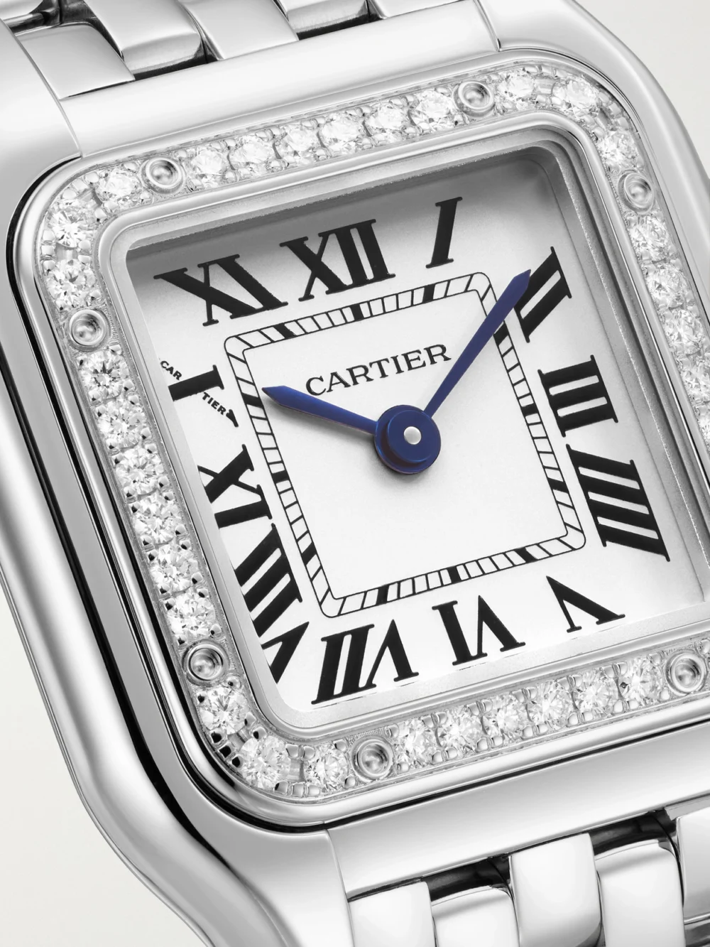 Close-up detail of the Cartier Panthère De Cartier Small Stainless Steel Diamond Watch
