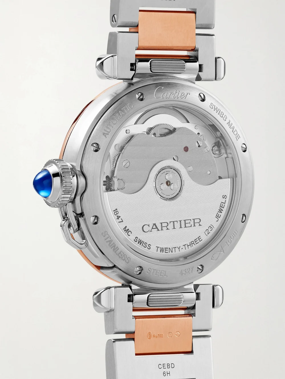 Back view of the Cartier Pasha De Cartier Automatic Stainless Steel and 18-karat Rose Gold Watch