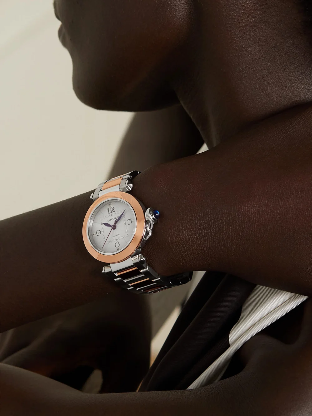 Cartier Pasha De Cartier Automatic Stainless Steel and 18-karat Rose Gold Watch, styled view