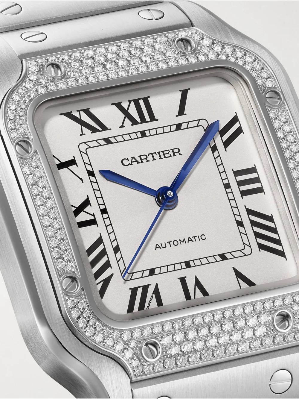 Close-up detail of the Cartier Santos De Cartier Automatic Stainless Steel Diamond Watch